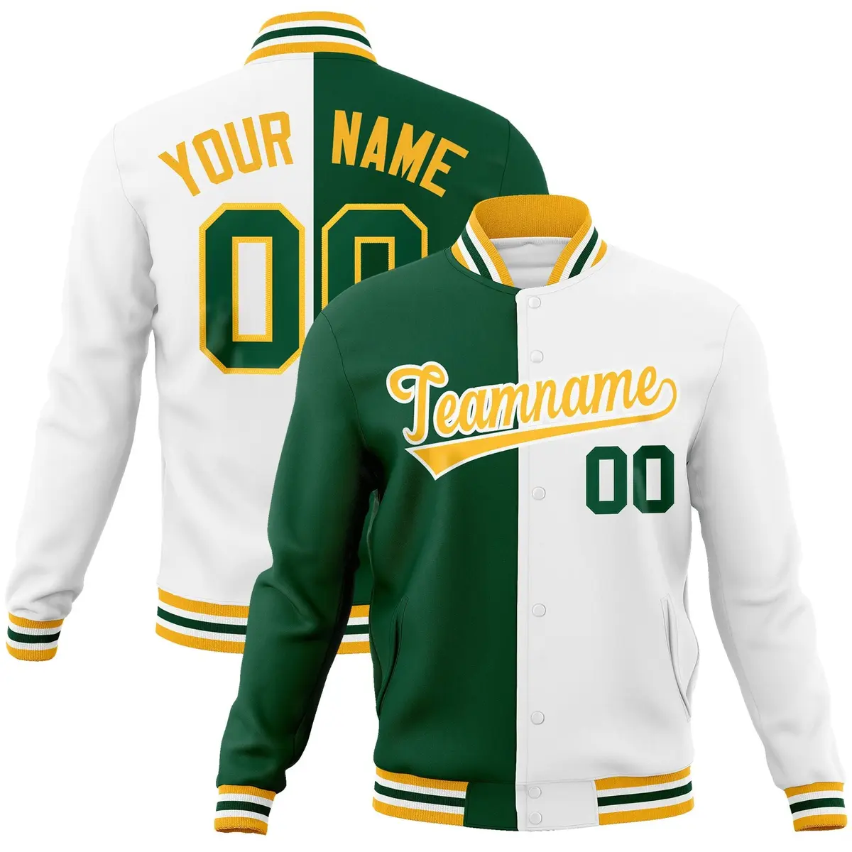 Green White-Gold Two Tone Split Varsity Letterman Jacket