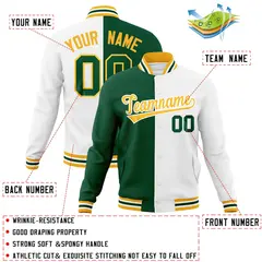 Green White-Gold Two Tone Split Varsity Letterman Jacket 4