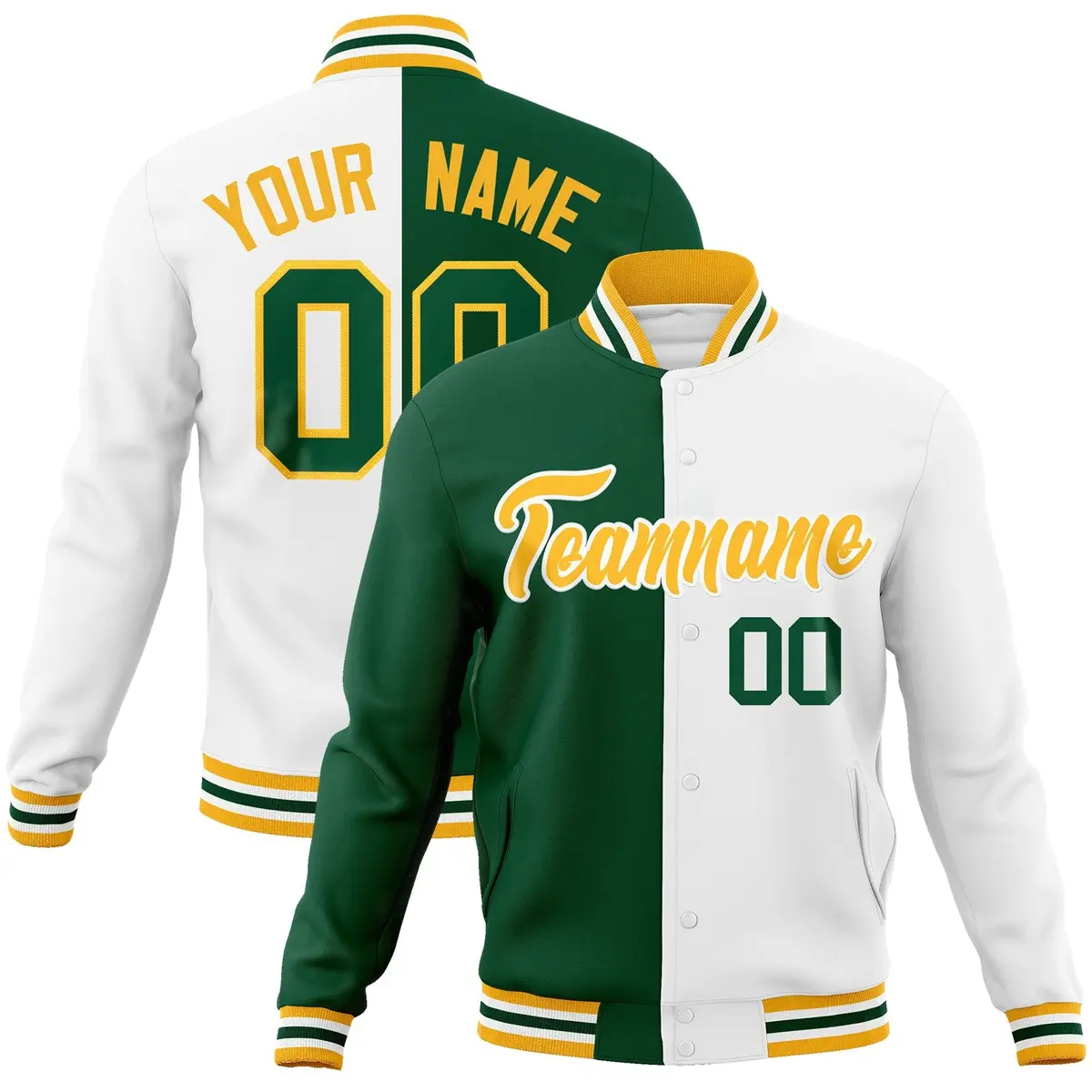 Green White-Gold Two Tone Split Varsity Letterman Jacket