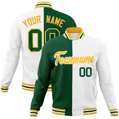 Green White-Gold Two Tone Split Varsity Letterman Jacket