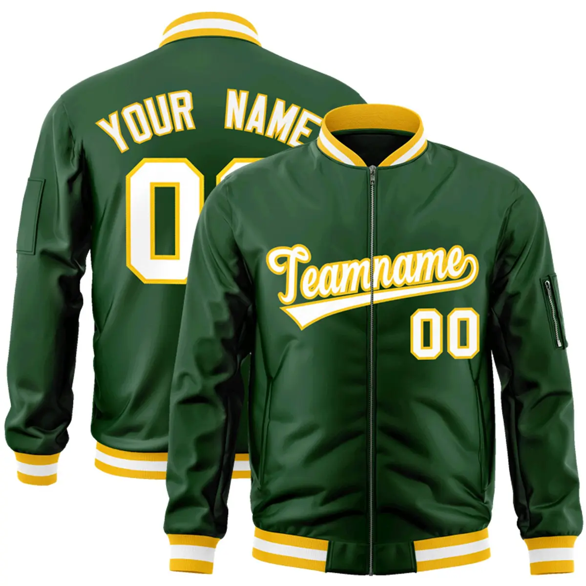 Green White-Gold Varsity Letterman Bomber Full-Zip Jacket