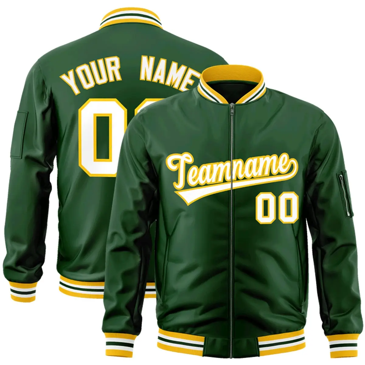 Green White-Gold Varsity Letterman Bomber Full-Zip Jacket