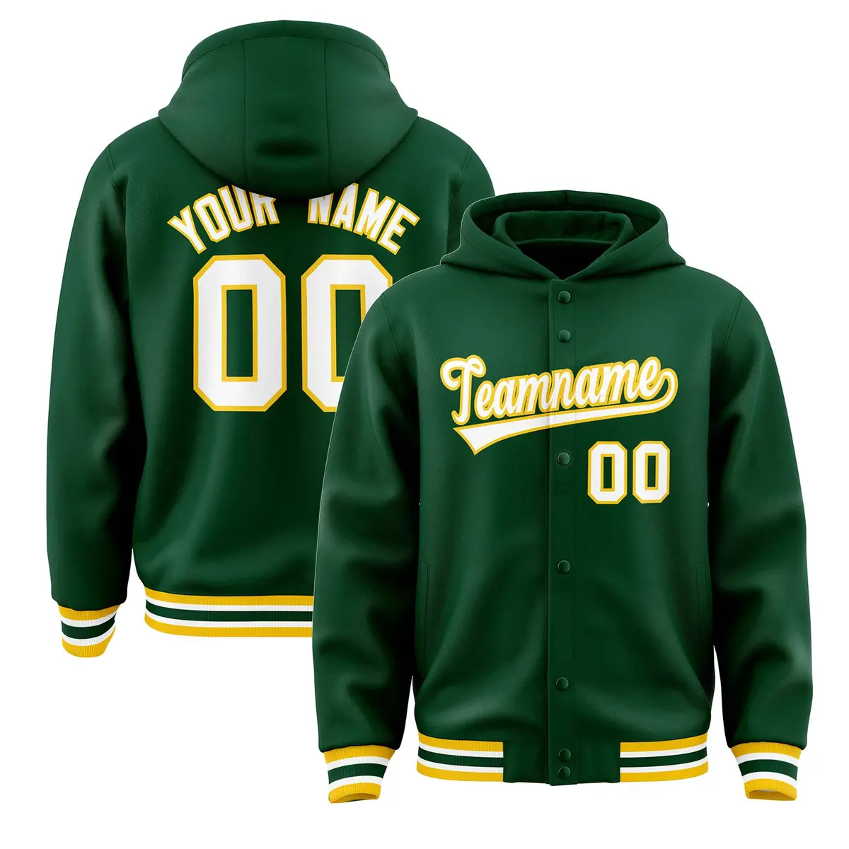 Green White-Gold Varsity Letterman Classic Hoodie Jacket