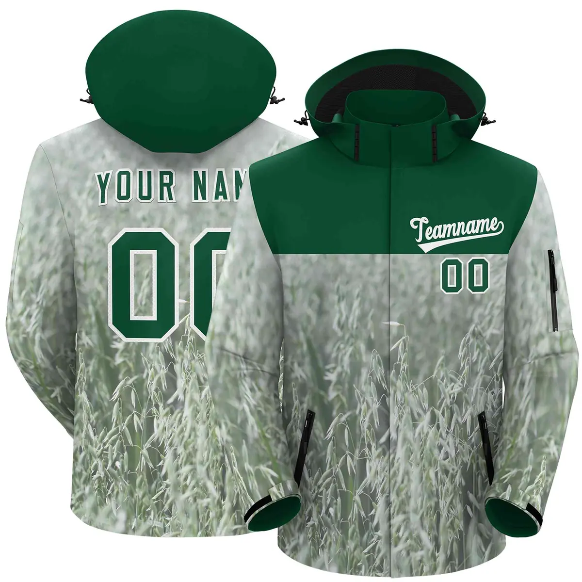 Green White Graffiti Pattern Hooded Waterproof Outdoor Jacket