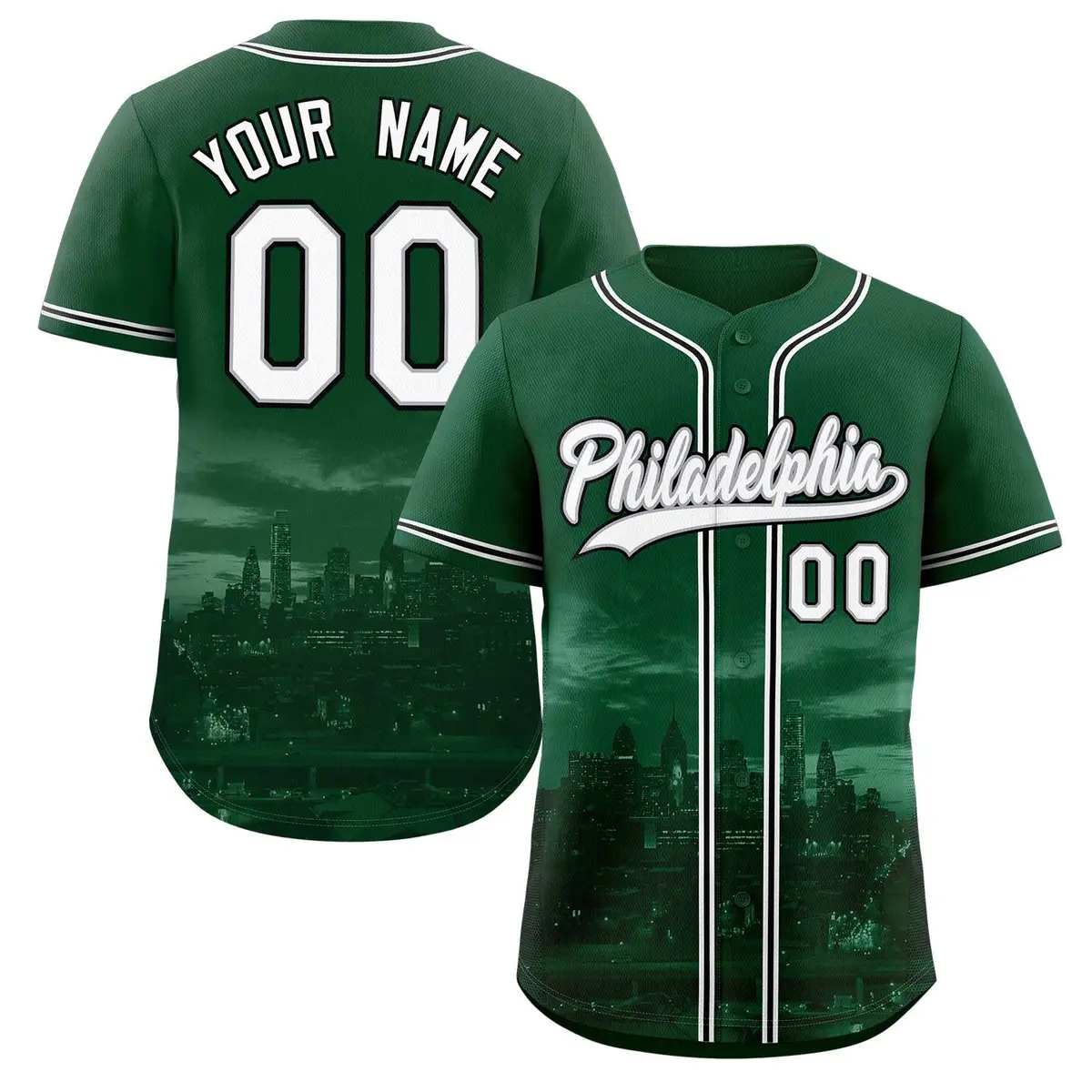 Green White-Gray Philadelphia City Skyline Baseball Jersey