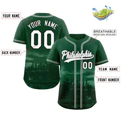 Green White-Gray Philadelphia City Skyline Baseball Jersey 2