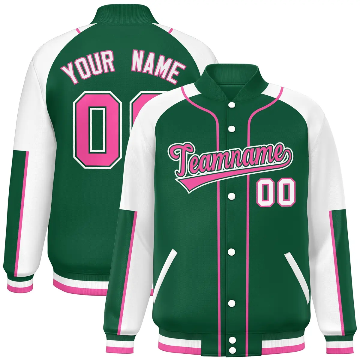 Green White-Green Full-Snap Raglan Letterman Jacket