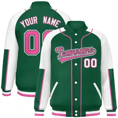 Green White-Green Full-Snap Raglan Letterman Jacket