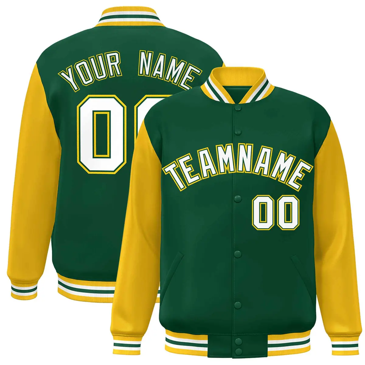 Green White-Green Raglan Varsity Full-Snap Letterman Jacket
