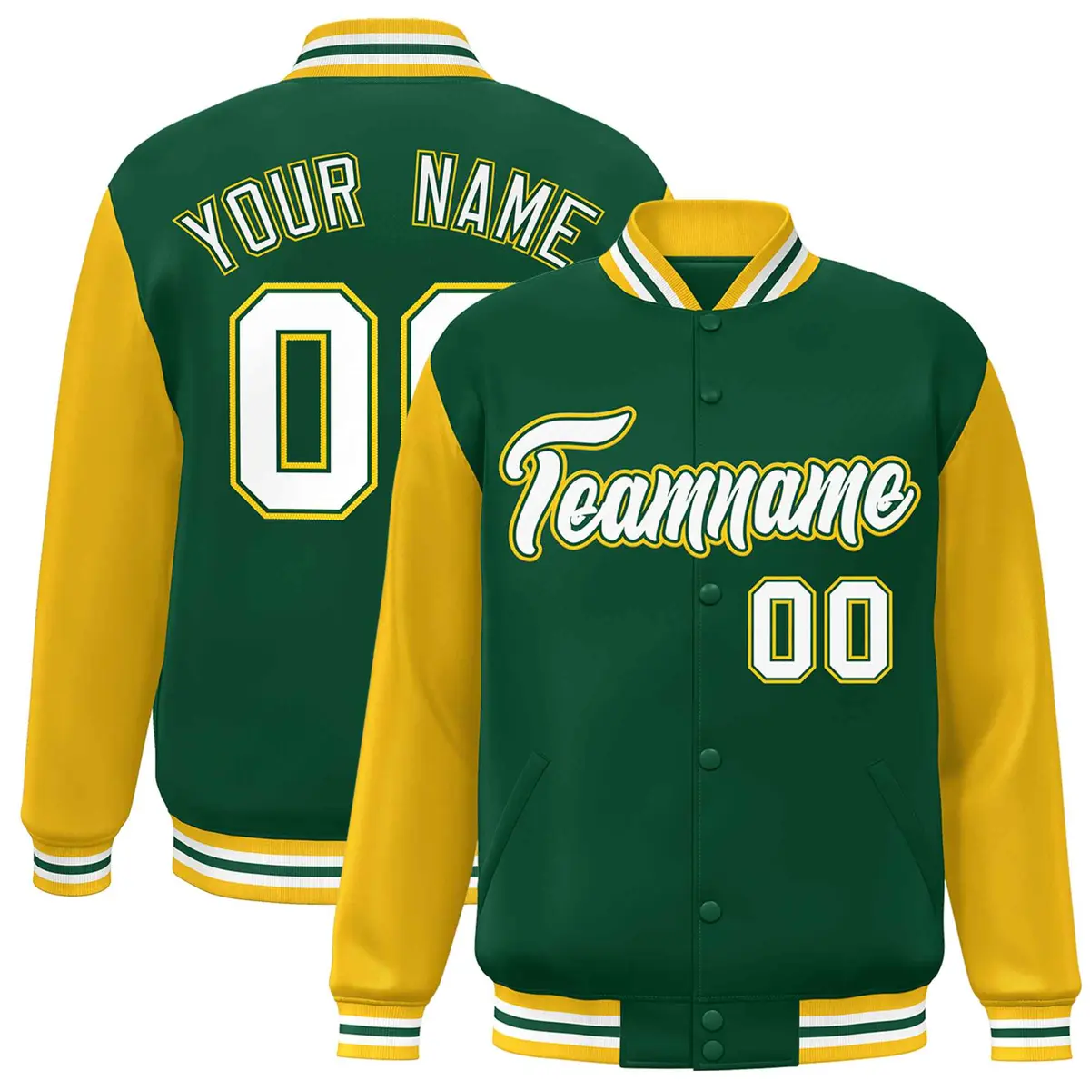 Green White-Green Raglan Varsity Full-Snap Letterman Jacket