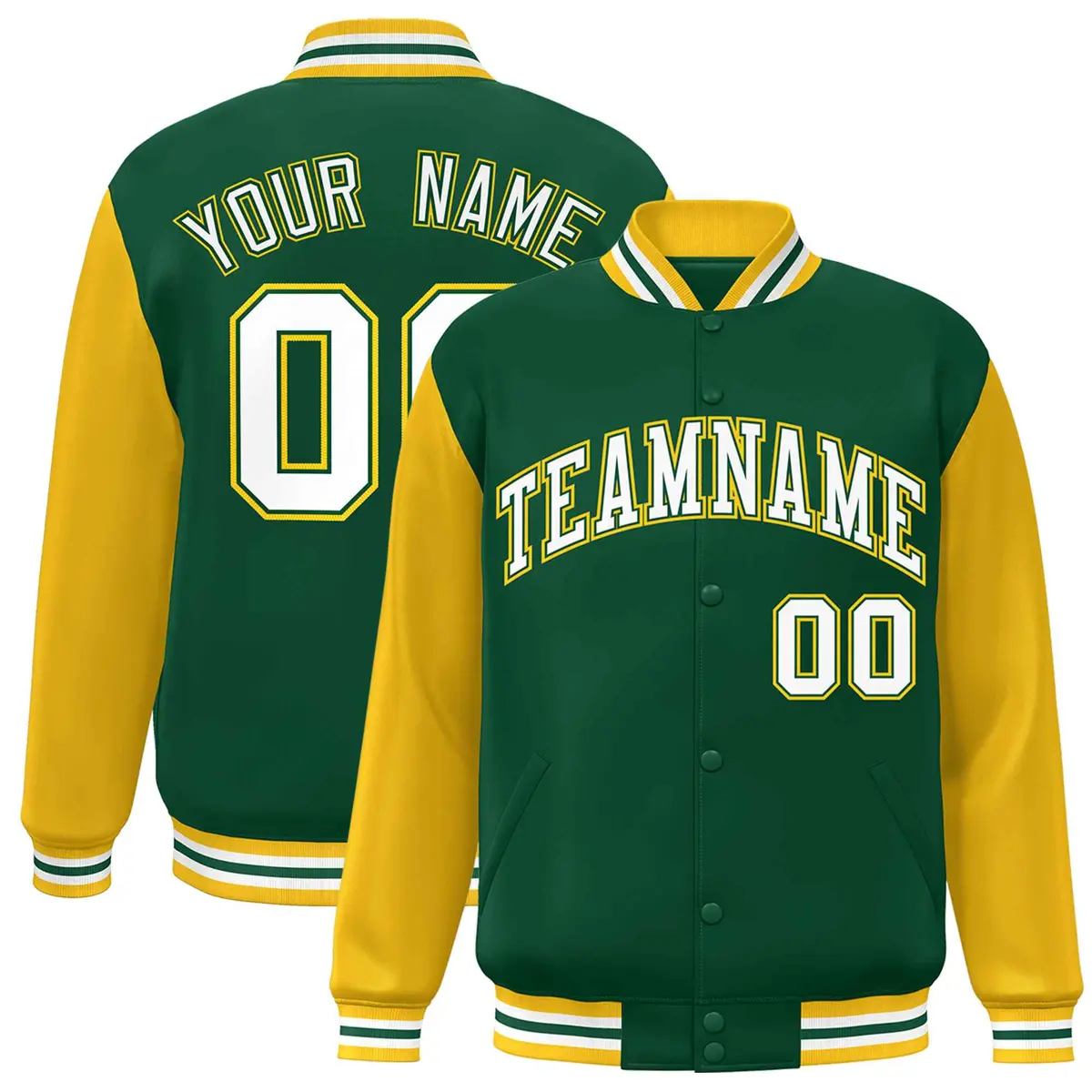 Green White-Green Raglan Varsity Full-Snap Letterman Jacket