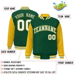 Green White-Green Raglan Varsity Full-Snap Letterman Jacket 2