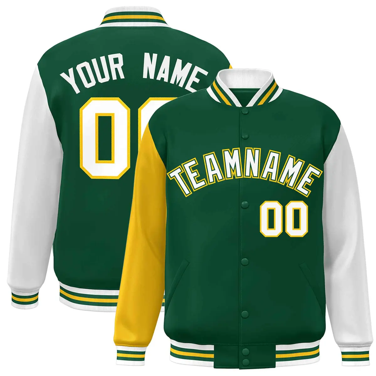 Green White-Green Raglan Varsity Full-Snap Letterman Jacket