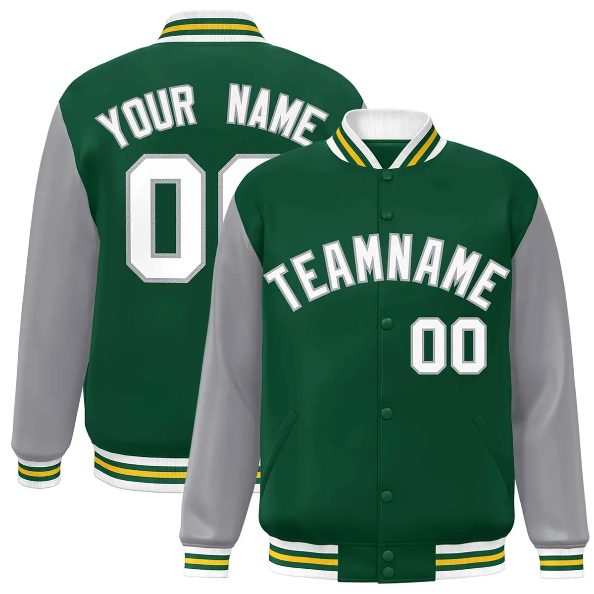Green White-Green Raglan Varsity Full-Snap Letterman Jacket