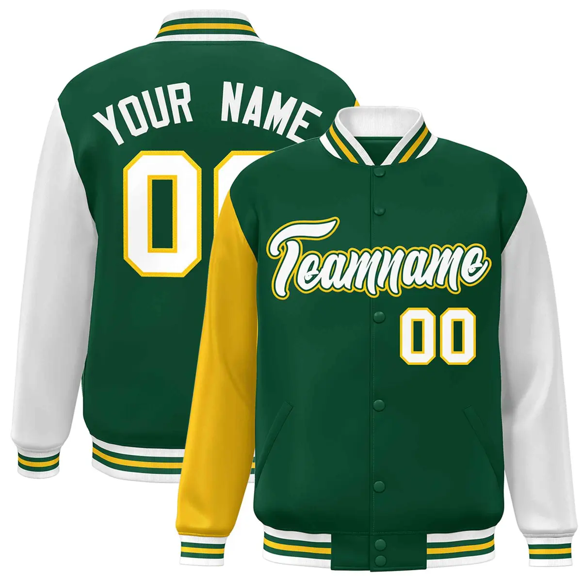 Green White-Green Raglan Varsity Full-Snap Letterman Jacket