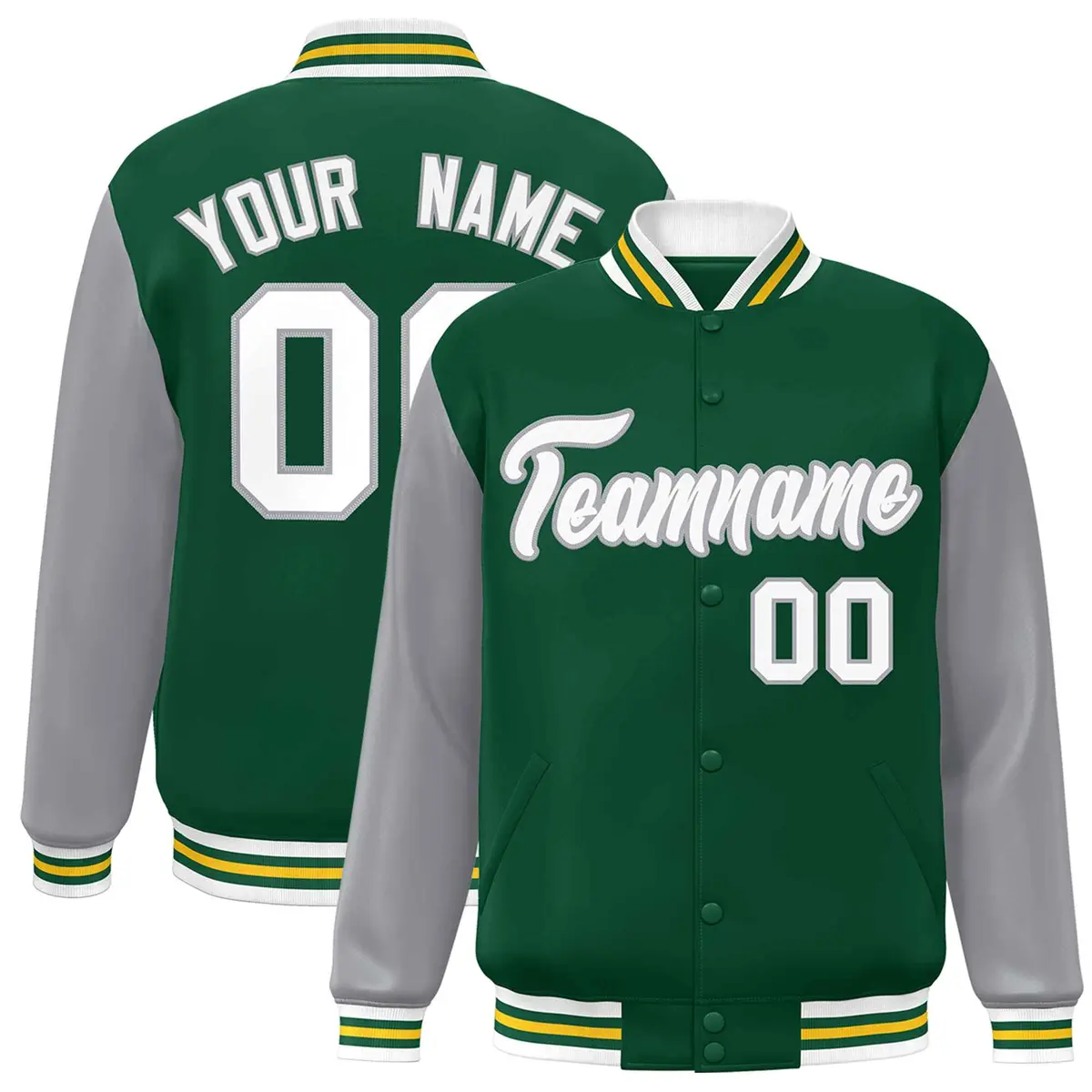 Green White-Green Raglan Varsity Full-Snap Letterman Jacket