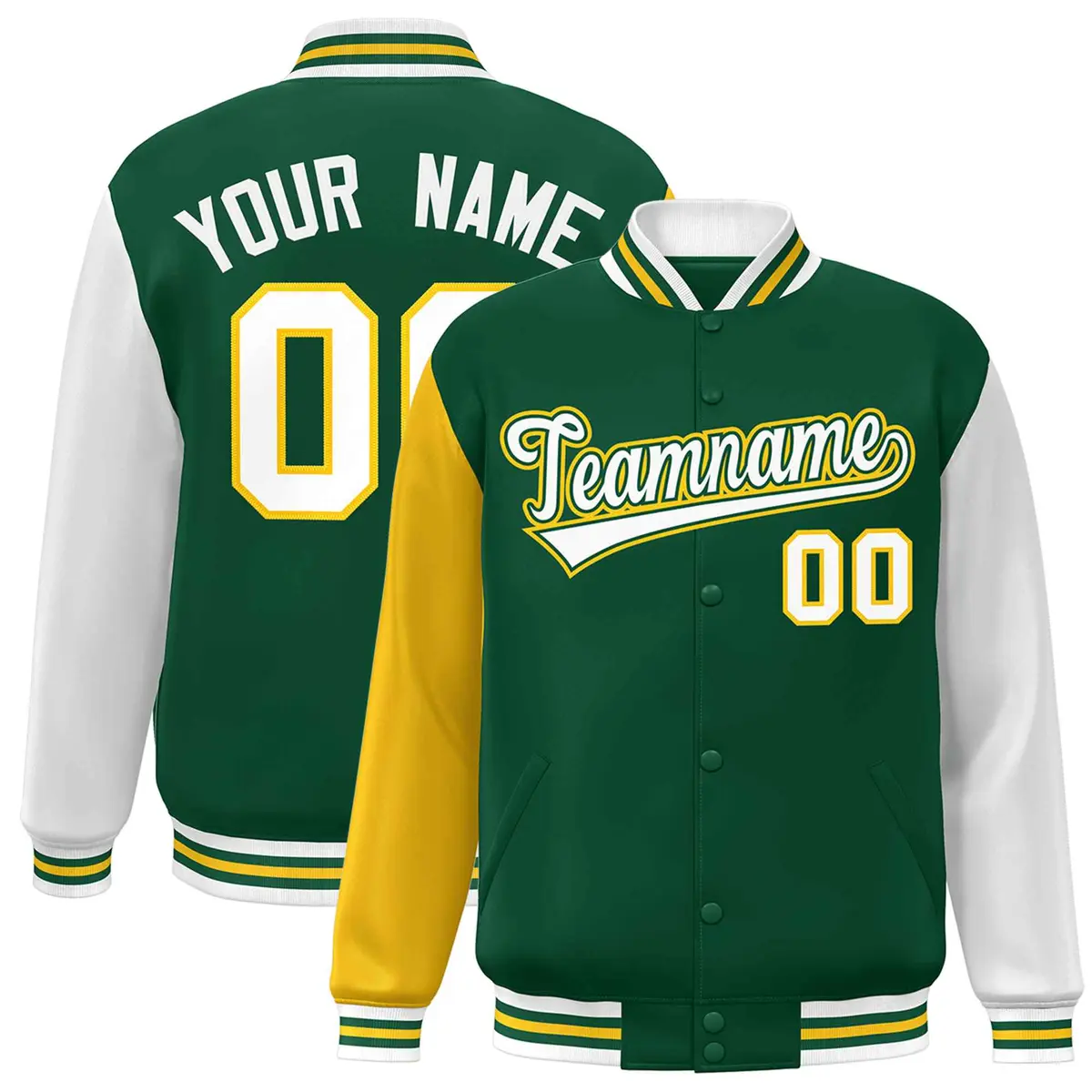 Green White-Green Raglan Varsity Full-Snap Letterman Jacket