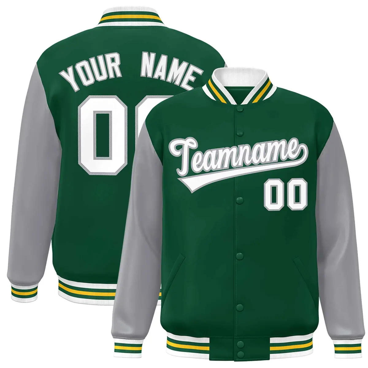 Green White-Green Raglan Varsity Full-Snap Letterman Jacket