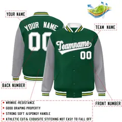 Green White-Green Raglan Varsity Full-Snap Letterman Jacket 2