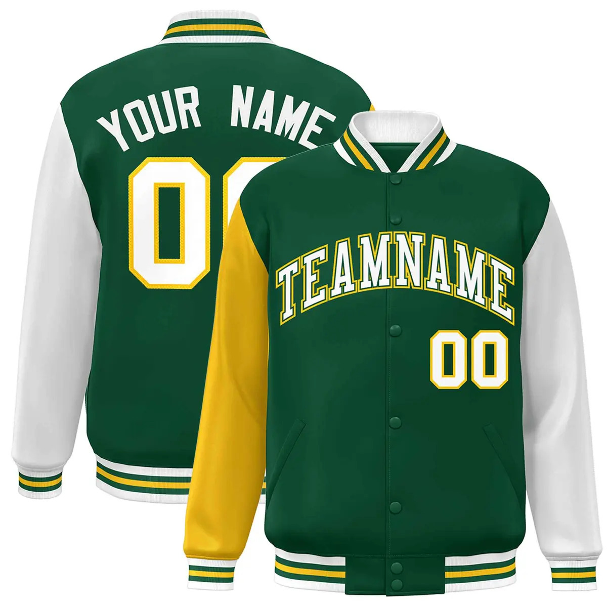 Green White-Green Raglan Varsity Full-Snap Letterman Jacket