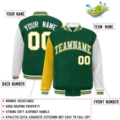 Green White-Green Raglan Varsity Full-Snap Letterman Jacket 2