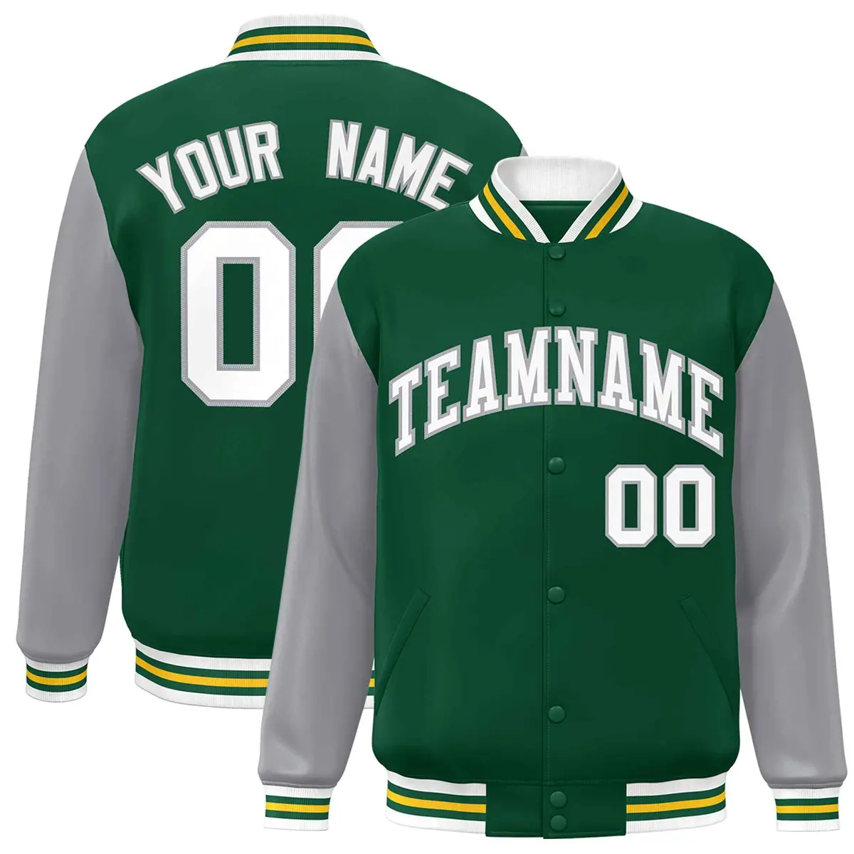 Green White-Green Raglan Varsity Full-Snap Letterman Jacket