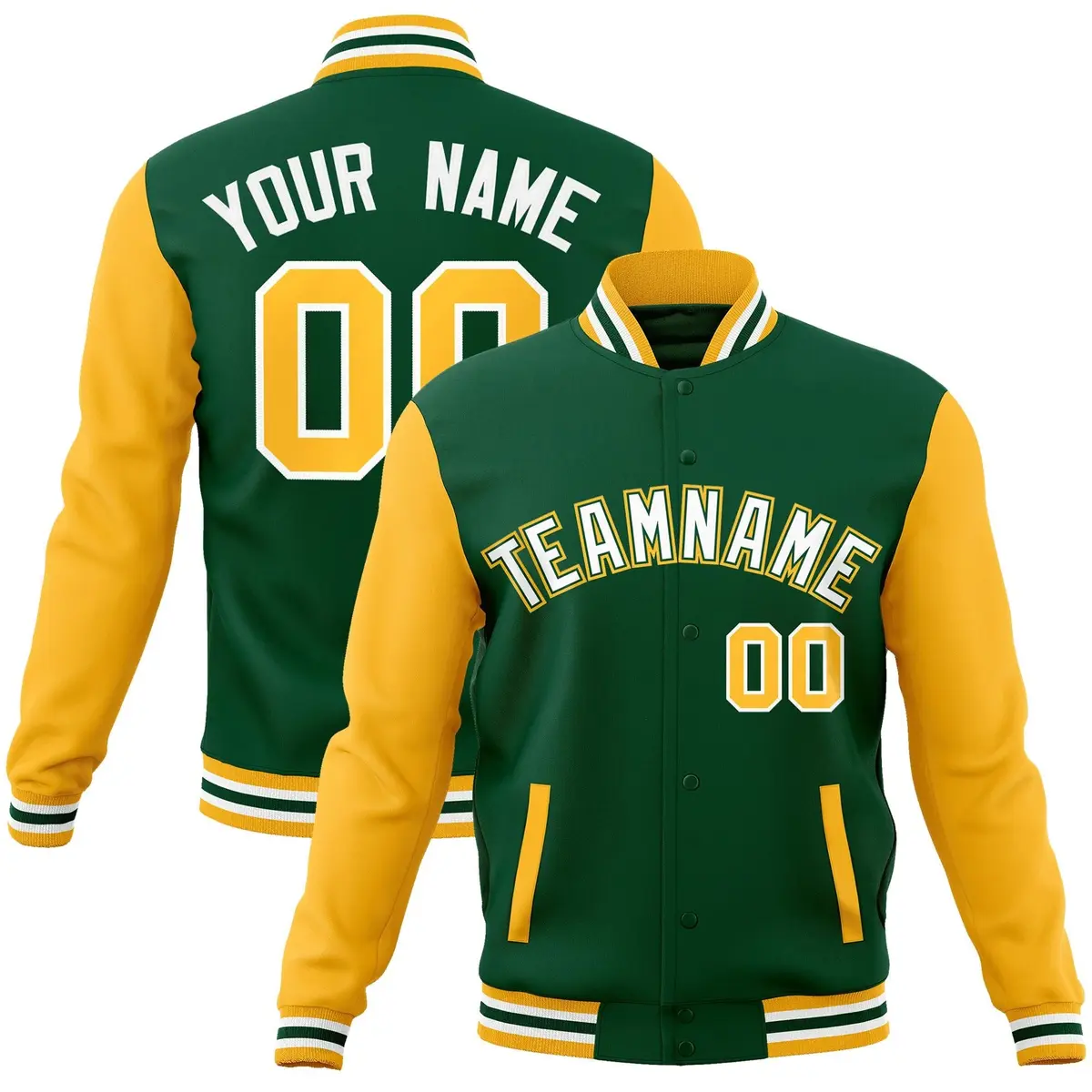 Green White-Green Raglan Varsity Full-Snap Letterman Jacket