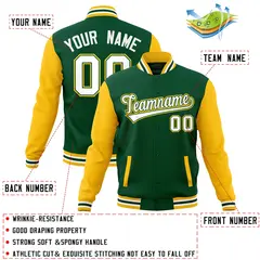 Green White-Green Raglan Varsity Full-Snap Letterman Jacket 4
