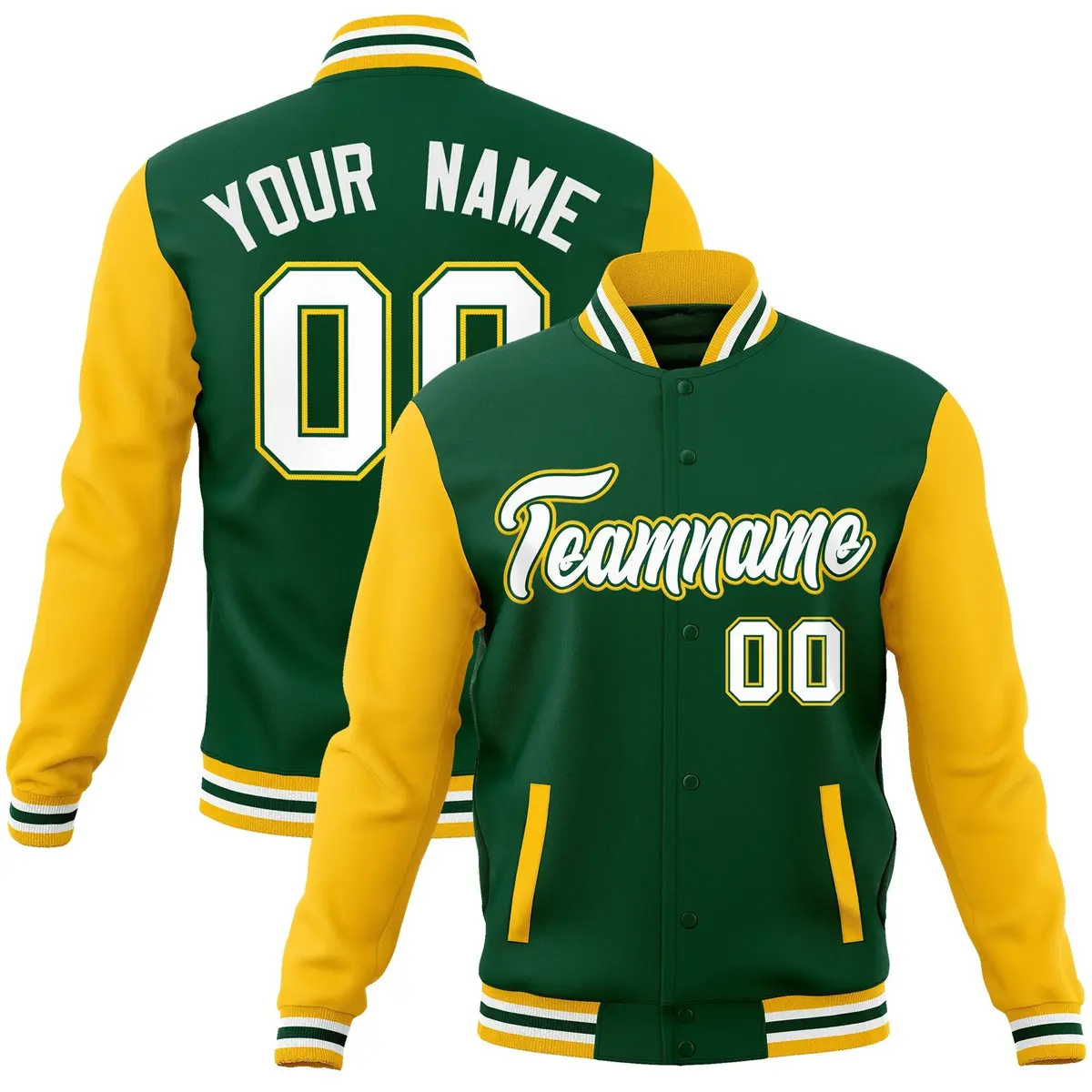 Green White-Green Raglan Varsity Full-Snap Letterman Jacket
