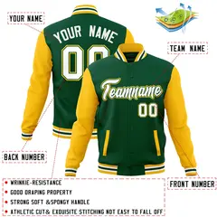 Green White-Green Raglan Varsity Full-Snap Letterman Jacket 4