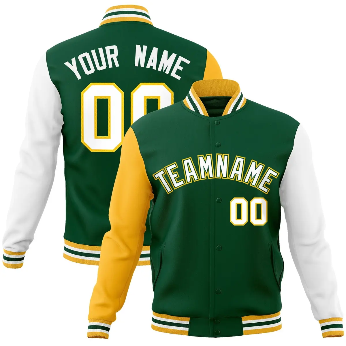 Green White-Green Raglan Varsity Full-Snap Letterman Jacket