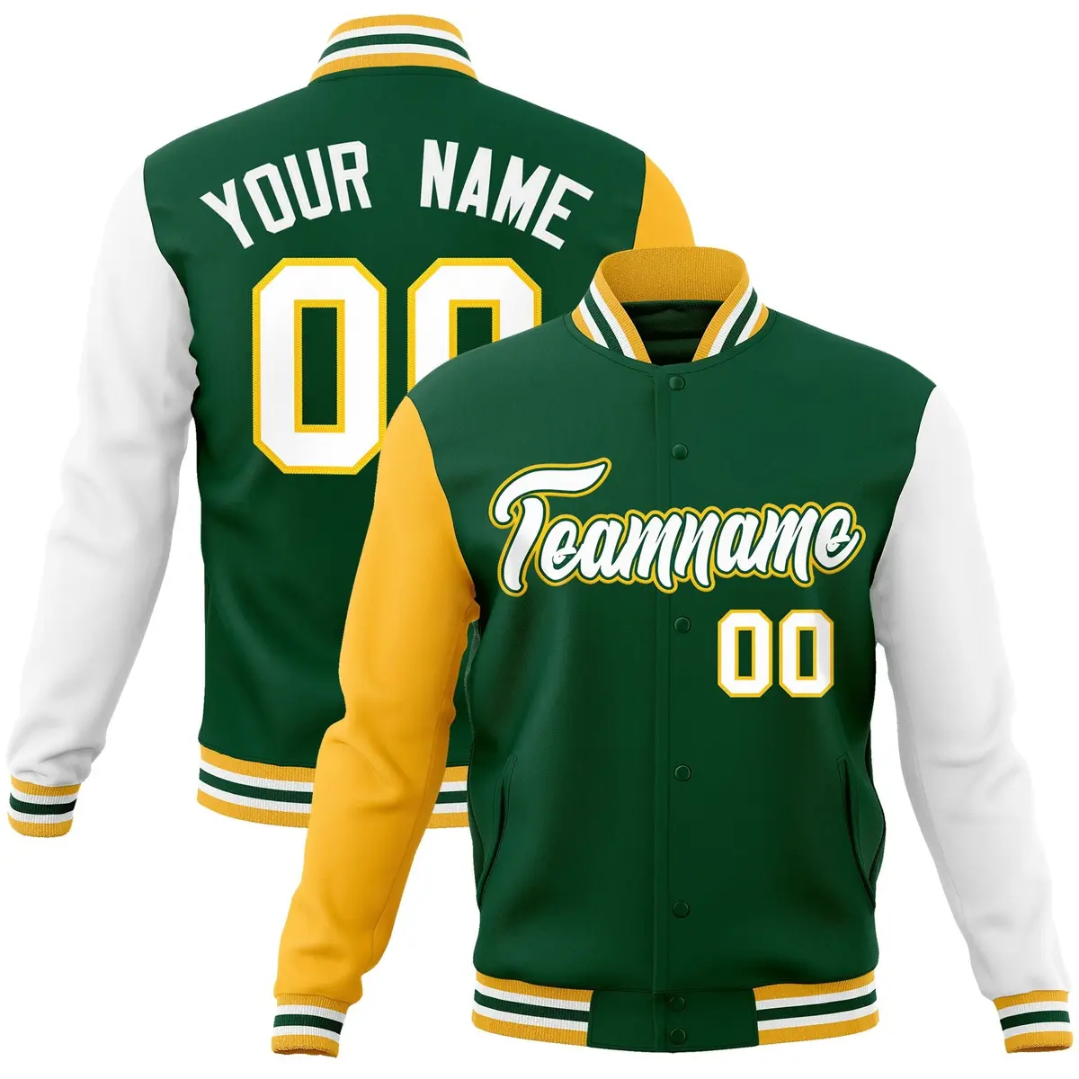Green White-Green Raglan Varsity Full-Snap Letterman Jacket