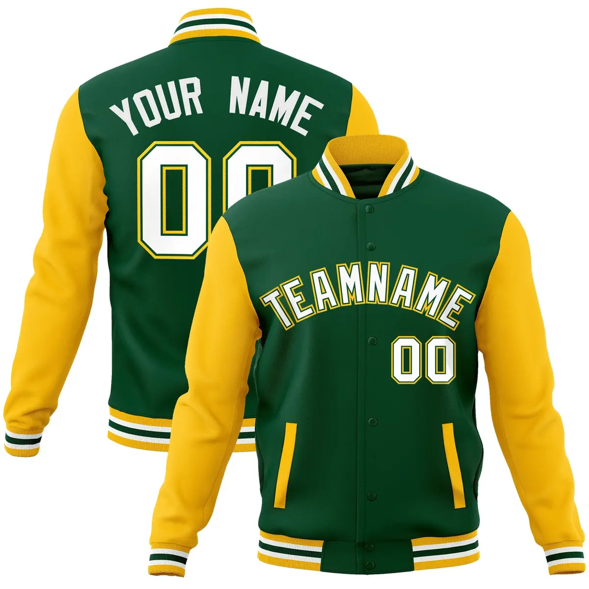 Green White-Green Raglan Varsity Full-Snap Letterman Jacket