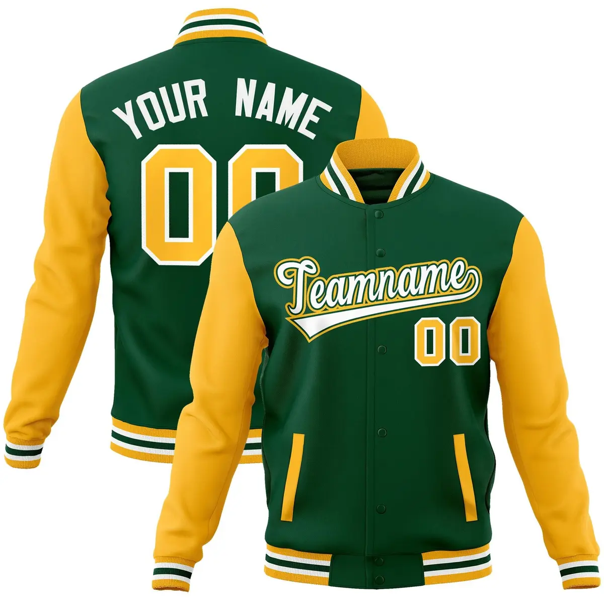 Green White-Green Raglan Varsity Full-Snap Letterman Jacket