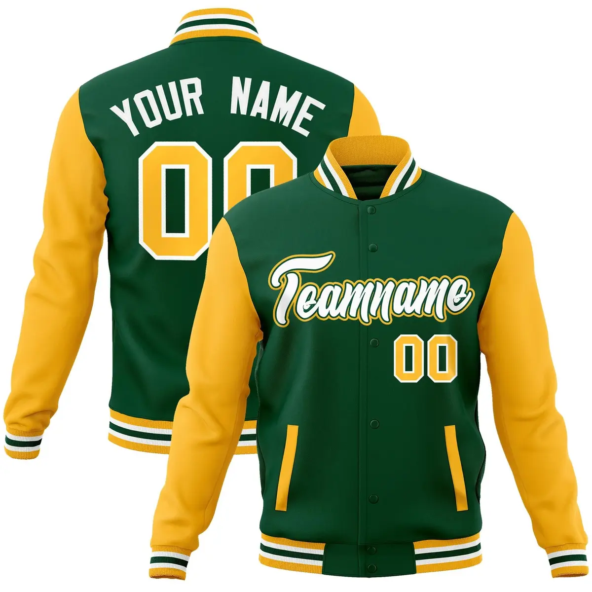 Green White-Green Raglan Varsity Full-Snap Letterman Jacket