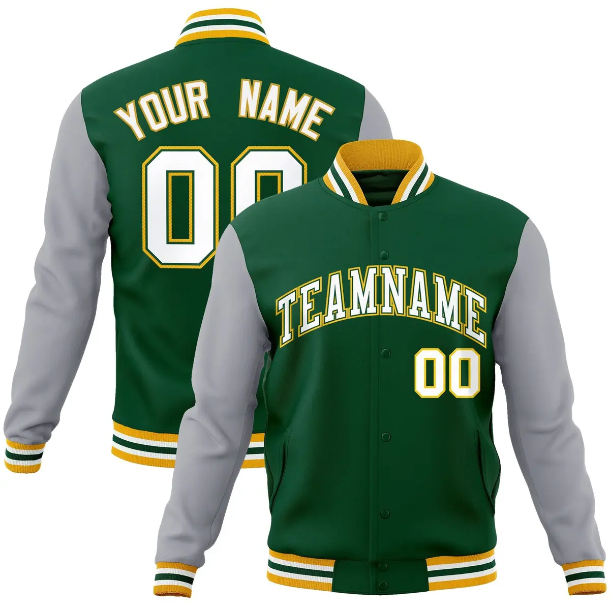 Green White-Green Raglan Varsity Full-Snap Letterman Jacket