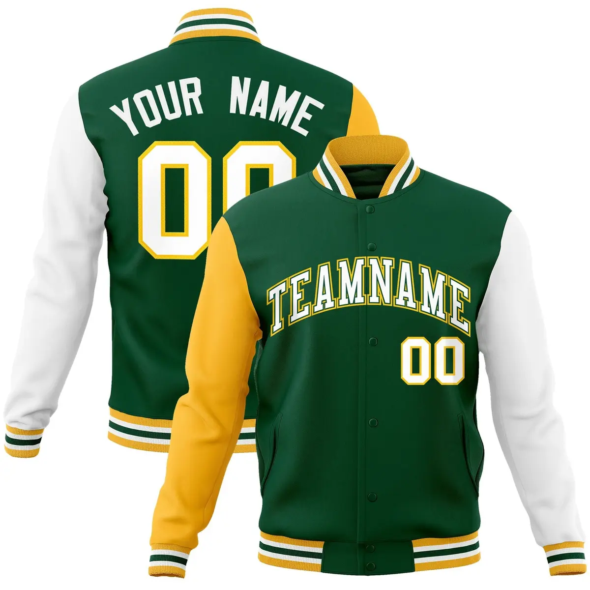 Green White-Green Raglan Varsity Full-Snap Letterman Jacket