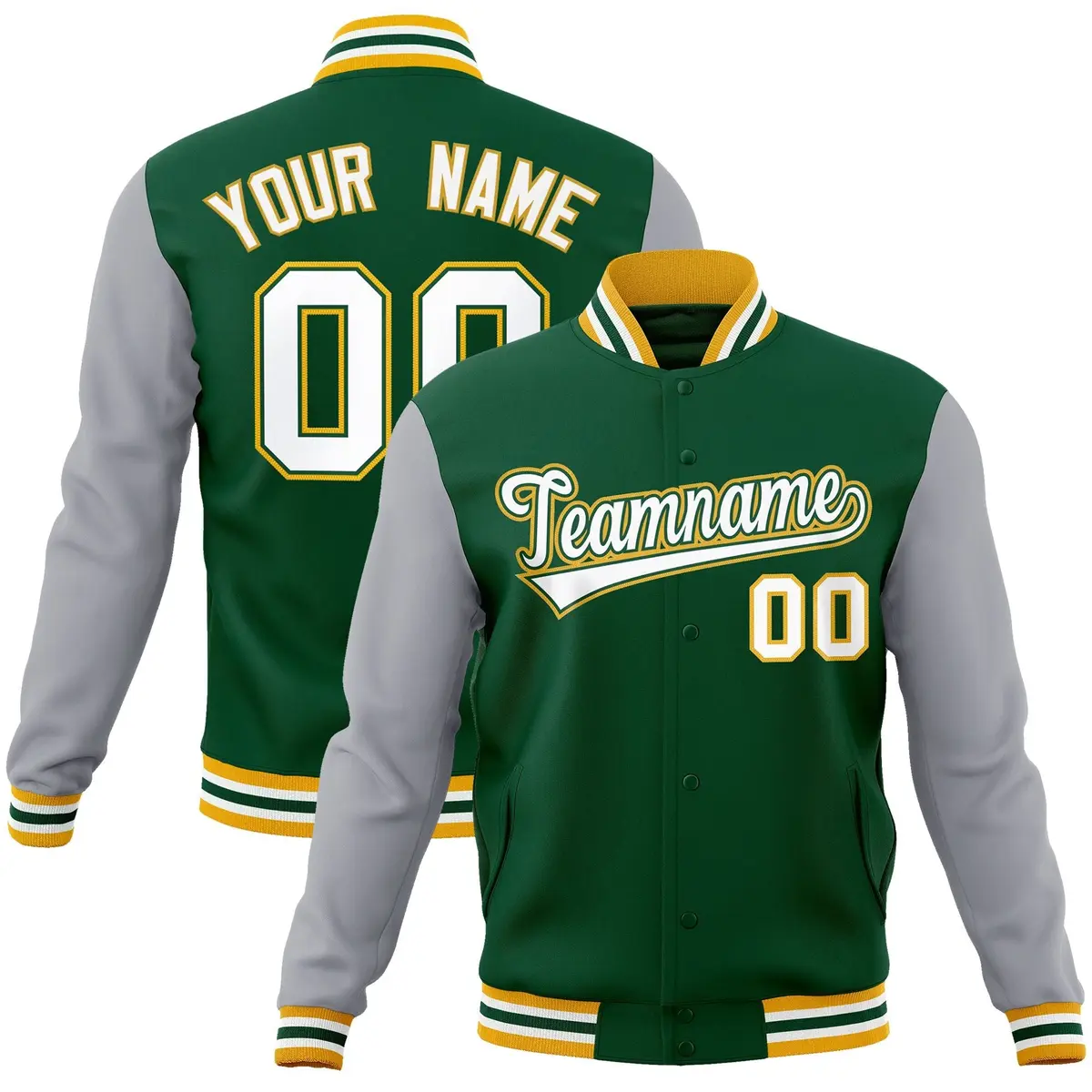 Green White-Green Raglan Varsity Full-Snap Letterman Jacket