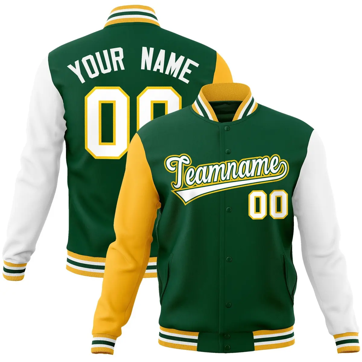 Green White-Green Raglan Varsity Full-Snap Letterman Jacket