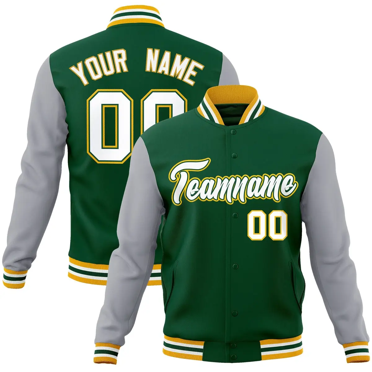 Green White-Green Raglan Varsity Full-Snap Letterman Jacket
