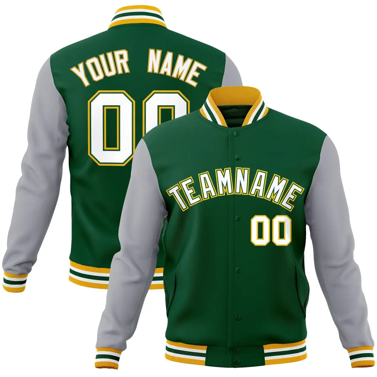 Green White-Green Raglan Varsity Full-Snap Letterman Jacket