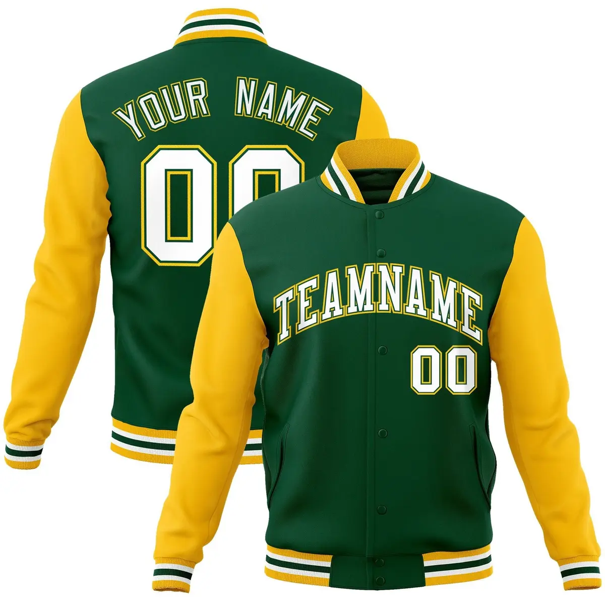 Green White-Green Raglan Varsity Full-Snap Letterman Jacket