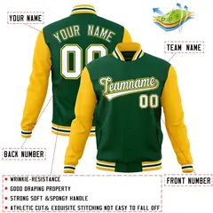 Green White-Green Raglan Varsity Full-Snap Letterman Jacket 4
