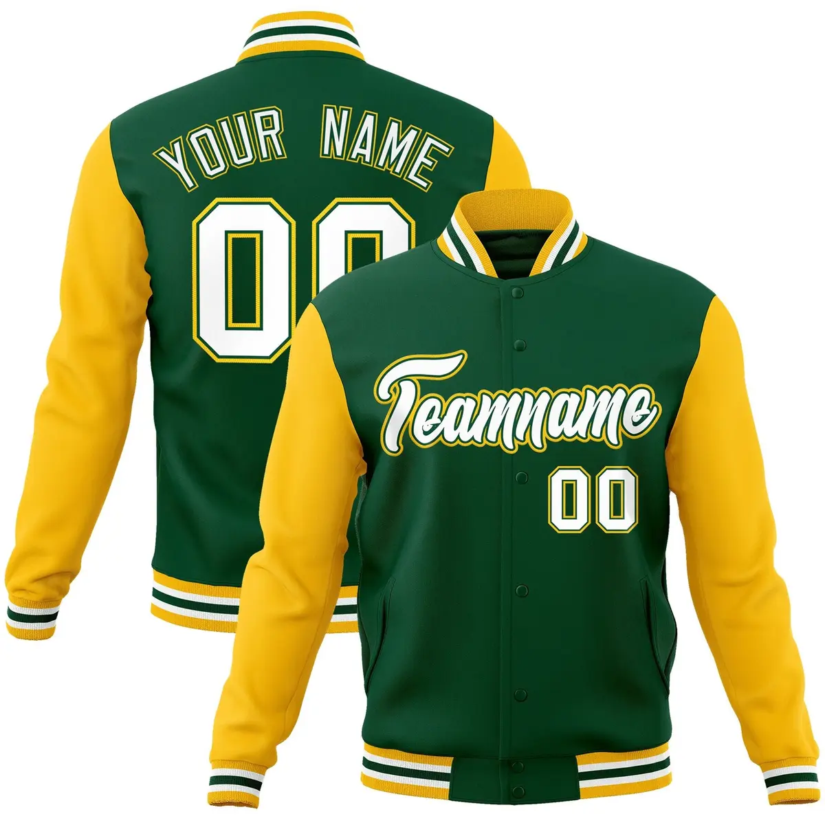 Green White-Green Raglan Varsity Full-Snap Letterman Jacket