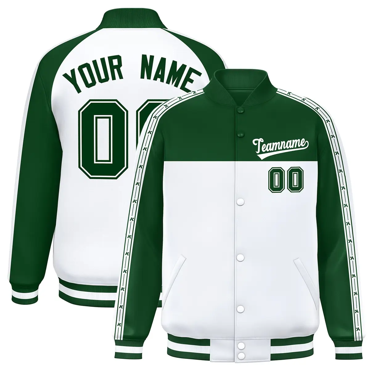 Green White K-Ribbon Raglan Color Block Varsity Letterman Jacket