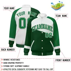 Green White-Kelly Green Color Block Varsity Full-Snap Baseball Jacket 2