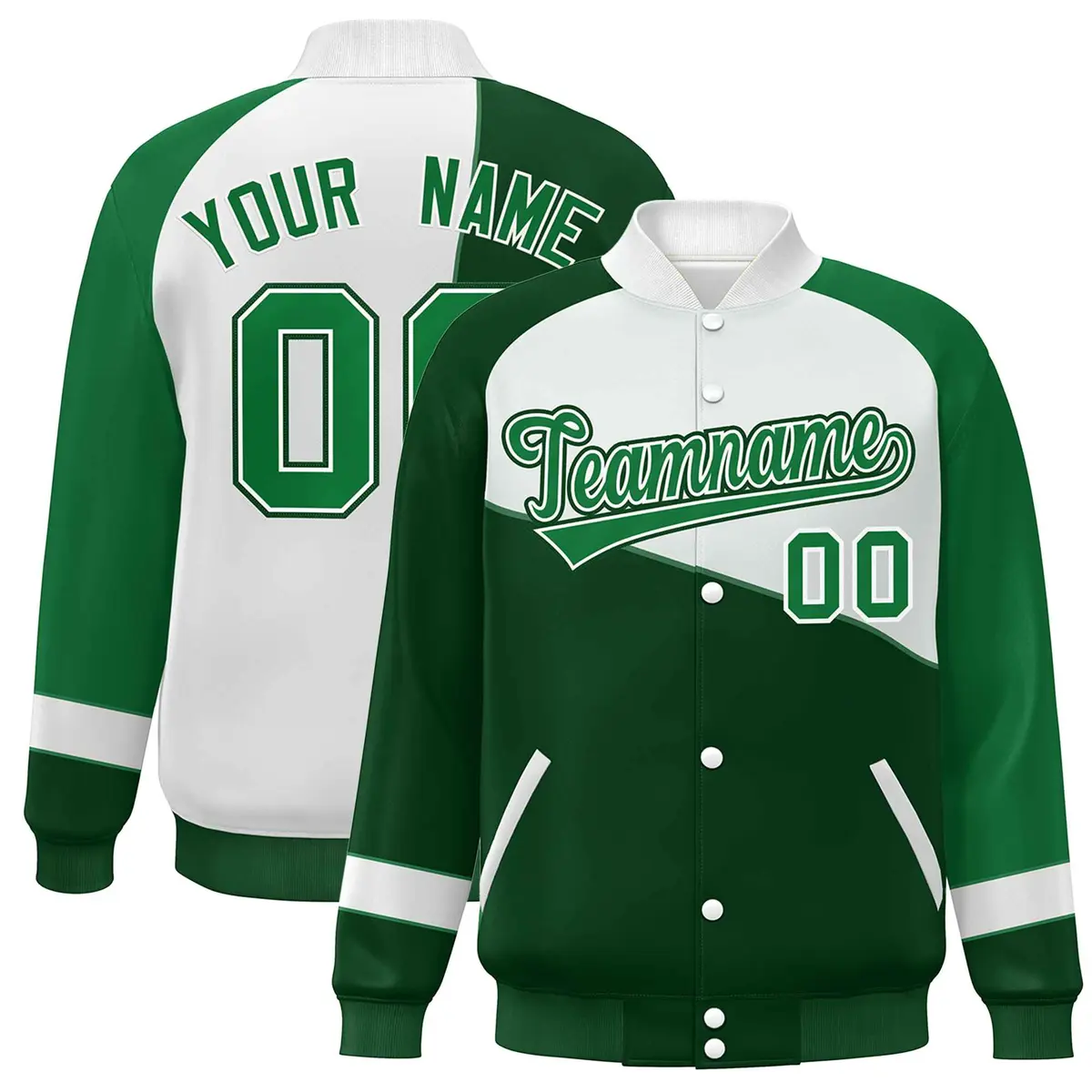 Green White-Kelly Green Color Block Varsity Full-Snap Baseball Jacket