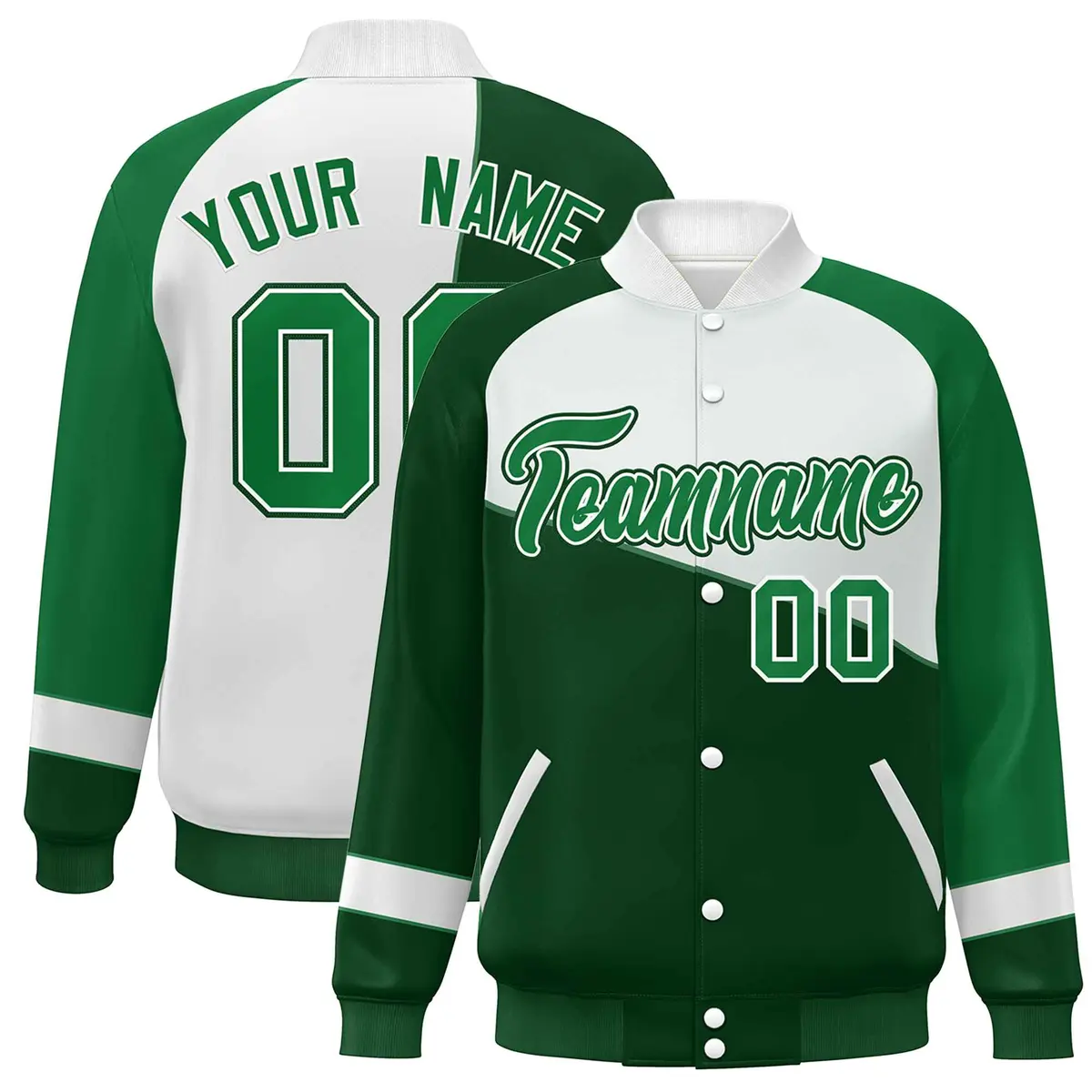 Green White-Kelly Green Color Block Varsity Full-Snap Baseball Jacket