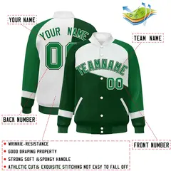 Green White-Kelly Green Color Block Varsity Full-Snap Baseball Jacket 2