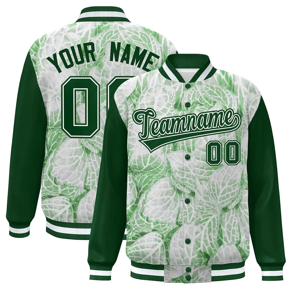 Green White Maple Leaf Graffiti Raglan Bomber Varsity Jacket